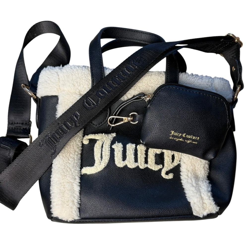 Juicy Couture Black Faux Leather mini Tote Sherpa Trim Crossbody‎ Bag Coin Purse